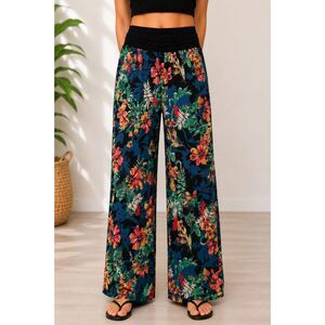 Zoe + Phoebe High Rise Wide Leg Palazzo Pants Large Tropical Floral Black